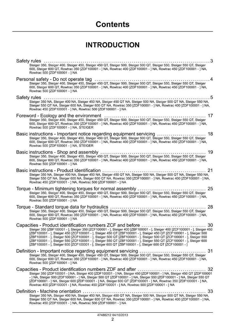 May include: A document page titled "Contents" with an "Introduction" section. The page lists various topics including safety rules, product identification, and torque data. The document references Steiger and Rowtrac models.