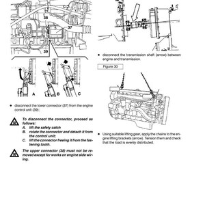 May include: Diagrams illustrating engine components and procedures. Includes figures detailing connector disconnection, transmission shaft removal, and engine lifting. Text instructions accompany the diagrams for clarity. Automotive repair and maintenance.