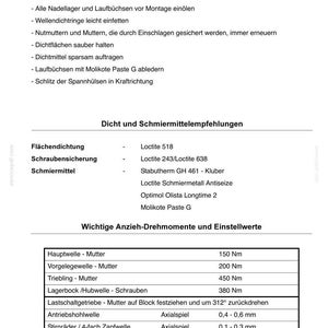 May include: A technical document page titled Wichtige Montagehinweise T 557 containing assembly instructions, sealant and lubricant recommendations, and a table of torque specifications and adjustment values in Nm and mm for mechanical components.