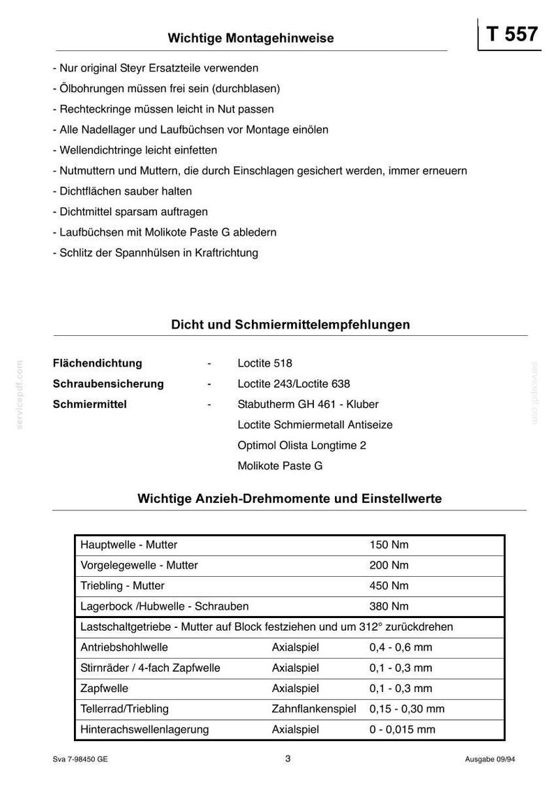 May include: A technical document page titled Wichtige Montagehinweise T 557 containing assembly instructions, sealant and lubricant recommendations, and a table of torque specifications and adjustment values in Nm and mm for mechanical components.