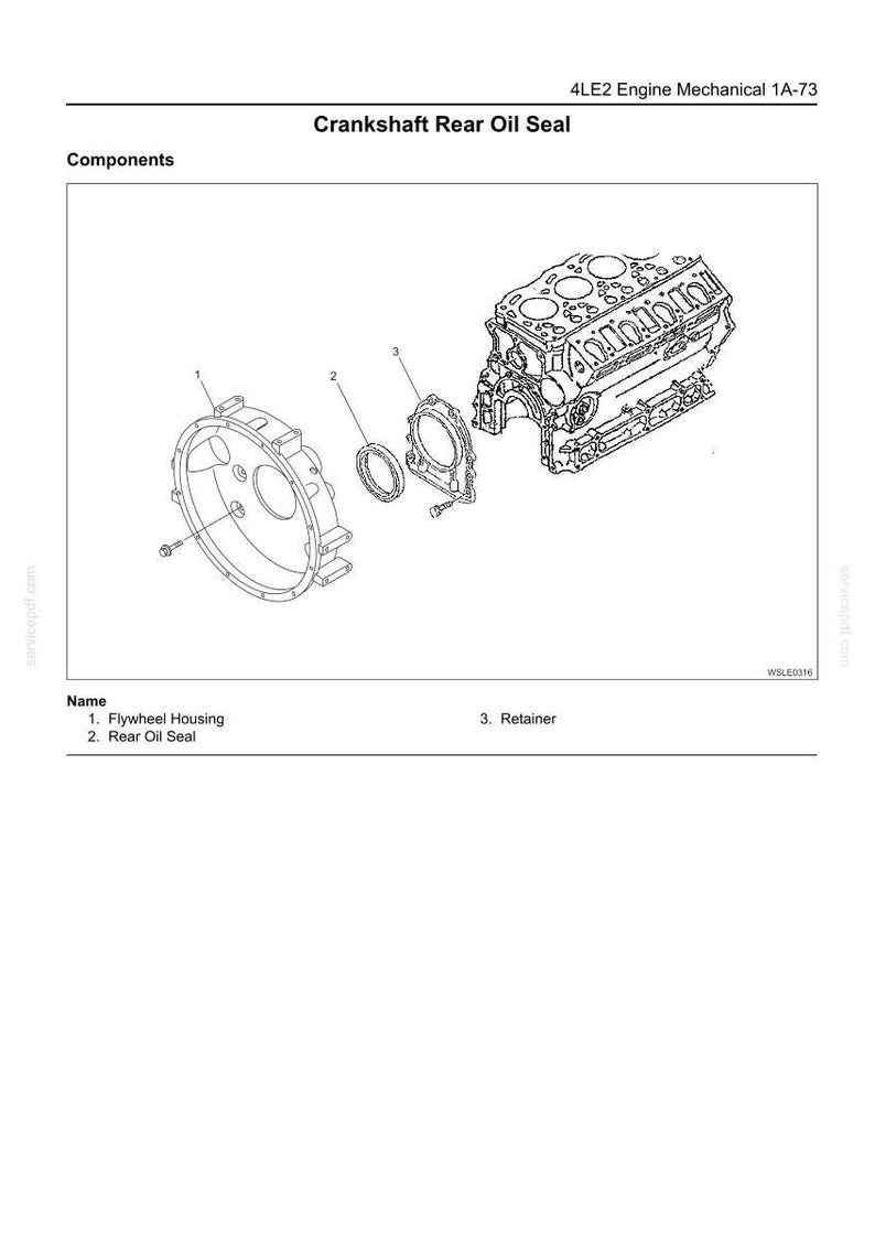 K&ouml;nnte beinhalten: Eine technische Strichzeichnung mit dem Titel 4LE2 Engine Mechanical 1A-73 Crankshaft Rear Oil Seal. Sie zeigt eine Explosionszeichnung der Komponenten, darunter ein Schwungradgeh&auml;use, ein hinterer &Ouml;ldichtring und ein Halter.
