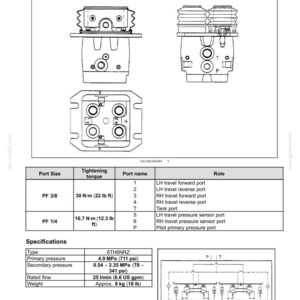 Puede incluir: Diagrama de un sistema de control de pie hidr&aacute;ulico, con m&uacute;ltiples vistas y especificaciones. Incluye tama&ntilde;os de puerto, par de apriete, nombres de puerto y funciones. El peso es de aproximadamente 8 kg.