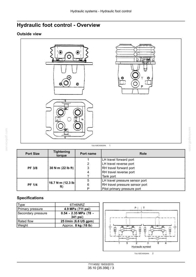 Puede incluir: Diagrama de un sistema de control de pie hidr&aacute;ulico, con m&uacute;ltiples vistas y especificaciones. Incluye tama&ntilde;os de puerto, par de apriete, nombres de puerto y funciones. El peso es de aproximadamente 8 kg.