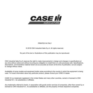 May include: A printed document with the "CASE IH AGRICULTURE" logo in black and red. The document includes text about technical publications and tools, copyright information, and trademark details. The document is printed in Italy.