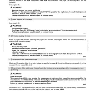 May include: A page titled 2-SAFETY INFORMATION from a technical manual. It contains safety warnings regarding Power Take-Off (PTO) shafts, PTO guards, hydraulic coupling devices, lift capacity of the three-point linkage, and trailer braking systems.