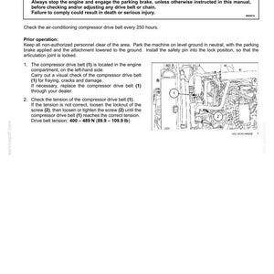 Peut inclure: Une page de manuel technique intitul&eacute;e Compressor drive belt - Check, pr&eacute;sentant un avertissement sur les risques d'enchev&ecirc;trement, des instructions d'entretien pour v&eacute;rifier la courroie toutes les 250 heures et un sch&eacute;ma num&eacute;rot&eacute; 1 et 2.