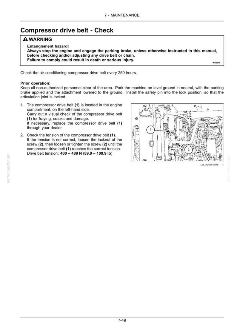 Peut inclure: Une page de manuel technique intitul&eacute;e Compressor drive belt - Check, pr&eacute;sentant un avertissement sur les risques d'enchev&ecirc;trement, des instructions d'entretien pour v&eacute;rifier la courroie toutes les 250 heures et un sch&eacute;ma num&eacute;rot&eacute; 1 et 2.
