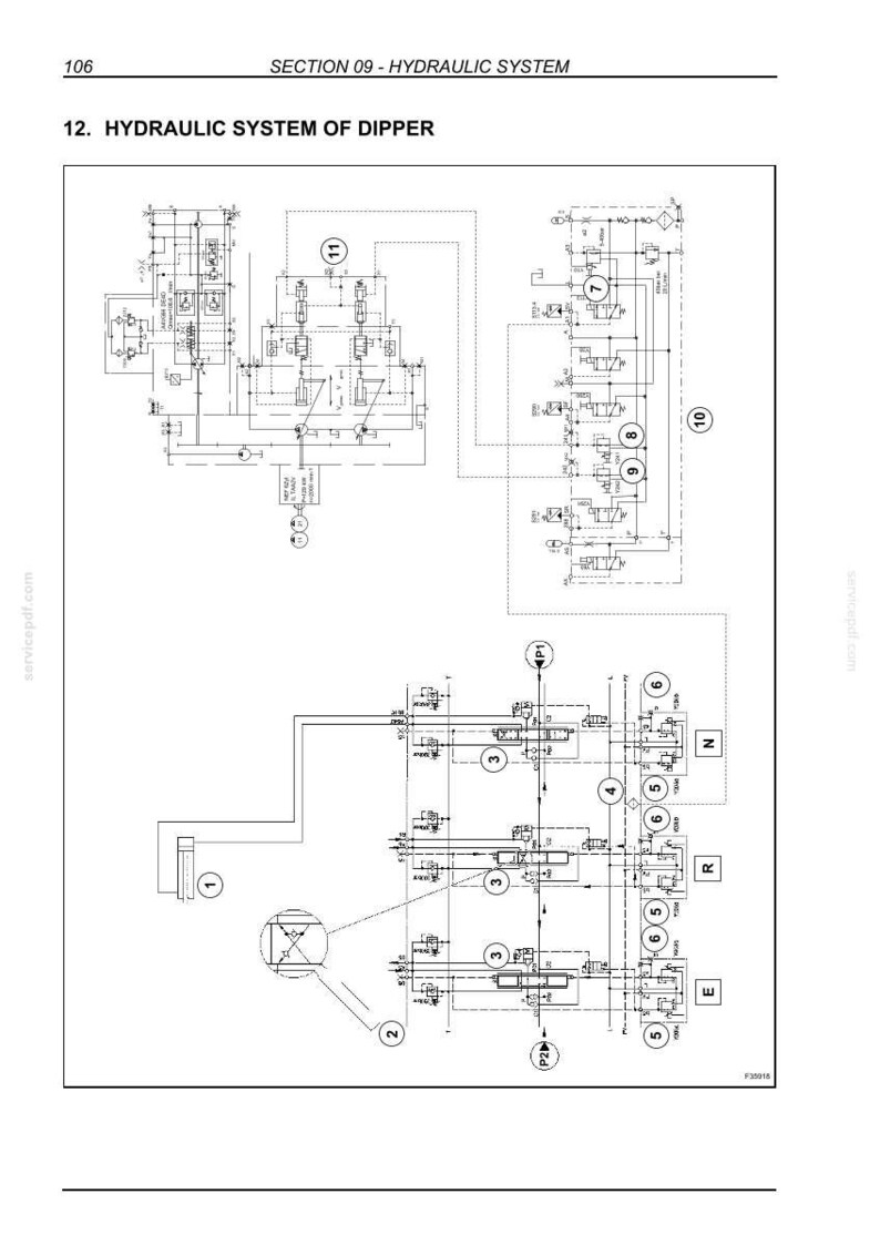 May include: Diagram of a hydraulic system of a dipper, with detailed schematics and labels. The image includes various components and connections, presented in black and white.