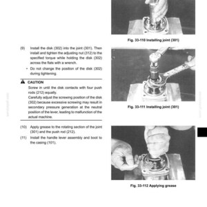 May include: Technical manual page with diagrams and instructions for assembling a mechanical component. Images show hands using tools like wrenches to install parts and apply grease. Text includes steps and cautions.