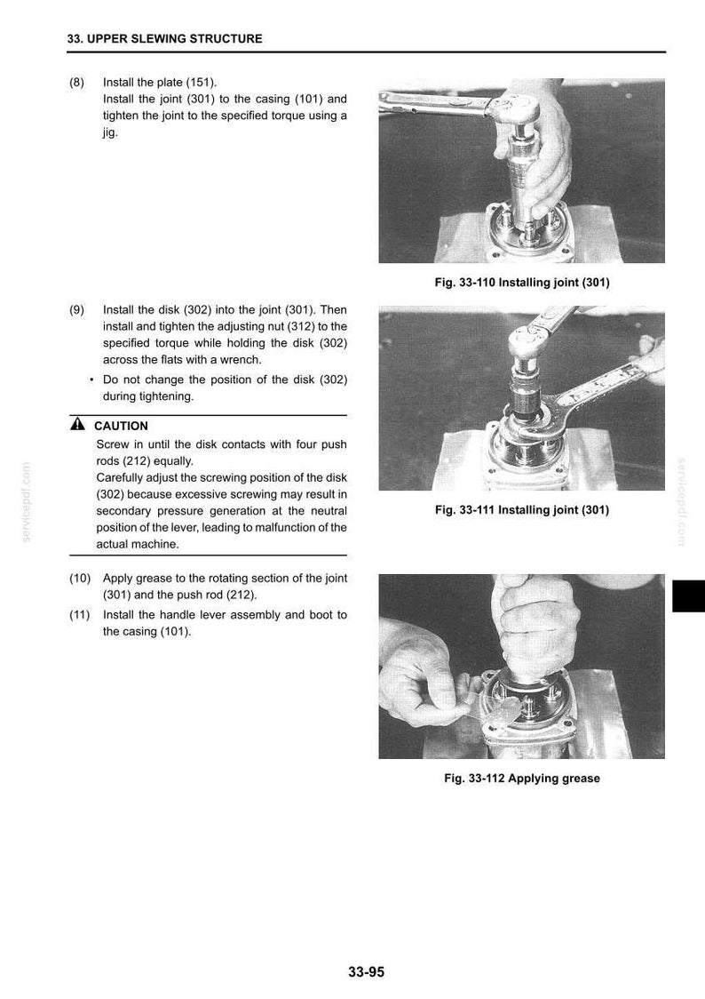 May include: Technical manual page with diagrams and instructions for assembling a mechanical component. Images show hands using tools like wrenches to install parts and apply grease. Text includes steps and cautions.