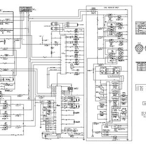 K&ouml;nnte beinhalten: Ein detailliertes Schwarz-Wei&szlig;-Schemadiagramm mit zahlreichen Linien, Symbolen und Textbeschriftungen. Das Diagramm scheint ein elektrischer oder mechanischer Bauplan zu sein, wahrscheinlich f&uuml;r ein komplexes System oder Ger&auml;t. Das Layout ist dicht und technisch.