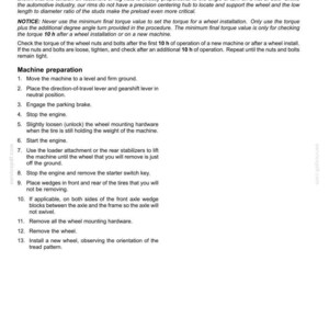 May include: A page from a maintenance manual detailing instructions for wheel and tire maintenance. The text includes notices about torque values and procedures for wheel removal and installation, with numbered steps.