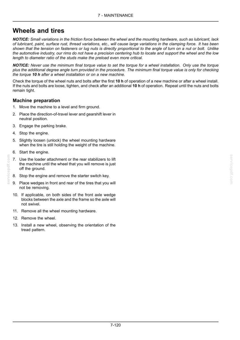 May include: A page from a maintenance manual detailing instructions for wheel and tire maintenance. The text includes notices about torque values and procedures for wheel removal and installation, with numbered steps.