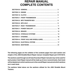 May include: A printed page from a JX95 Straddle Mount Repair Manual. The title is in bold black text. The contents include sections on the engine, brakes, and electrical systems. The text is in black on a white background.