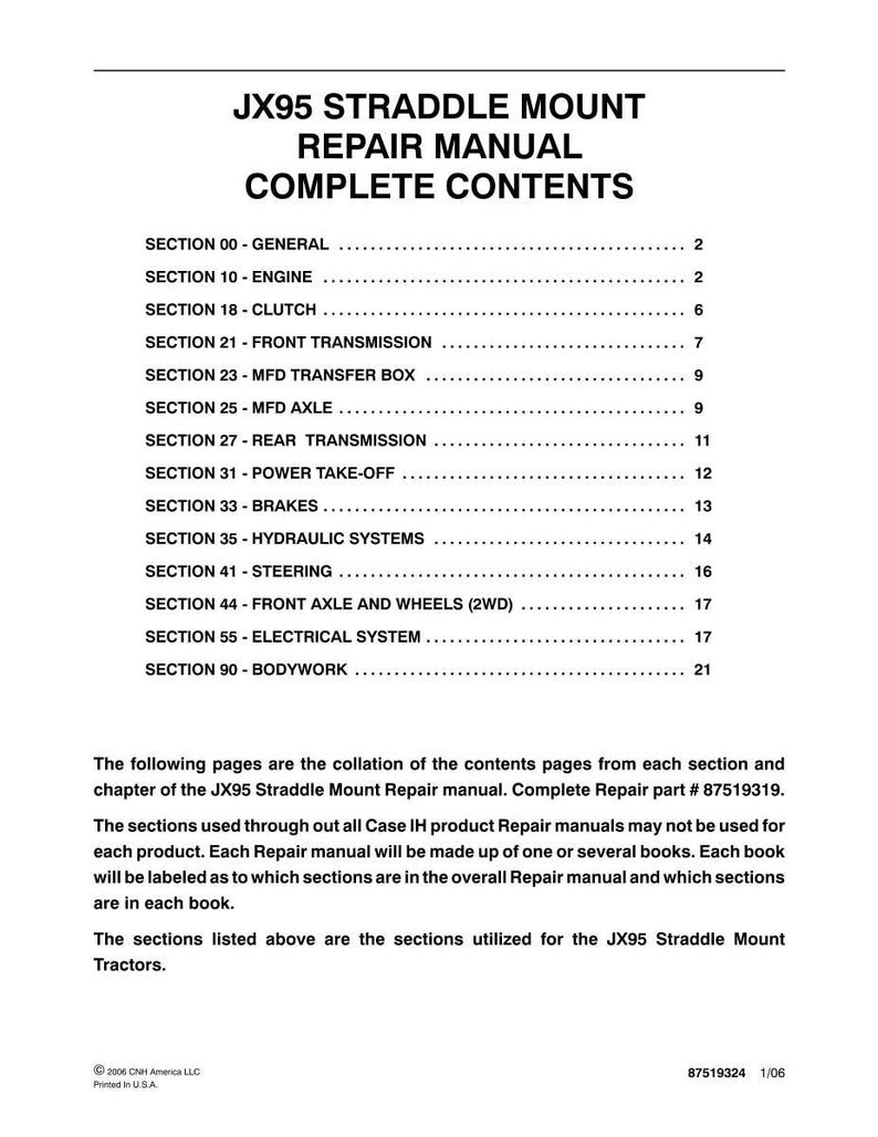 May include: A printed page from a JX95 Straddle Mount Repair Manual. The title is in bold black text. The contents include sections on the engine, brakes, and electrical systems. The text is in black on a white background.