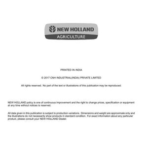 May include: A white document with the "NEW HOLLAND AGRICULTURE" logo in gray and white. The document includes text about technical publications and tools, copyright information, and a disclaimer about product variations.