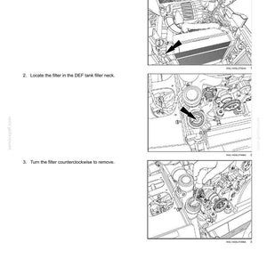 May include: A technical manual page titled Diesel Exhaust Fluid (DEF)/AdBlue tank filter, featuring three black and white line drawings. The illustrations show the steps to remove the tank filler cap, locate the filter, and turn it counterclockwise.