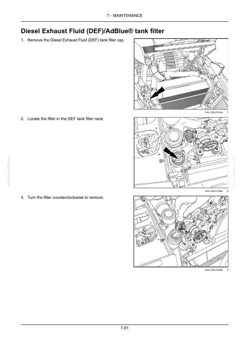 May include: A technical manual page titled Diesel Exhaust Fluid (DEF)/AdBlue tank filter, featuring three black and white line drawings. The illustrations show the steps to remove the tank filler cap, locate the filter, and turn it counterclockwise.