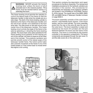 May include: A technical manual page with diagrams and text detailing the frame leveling circuit and boom assembly of a telescopic handler. Includes warnings, component descriptions, and diagrams of the machine's parts.