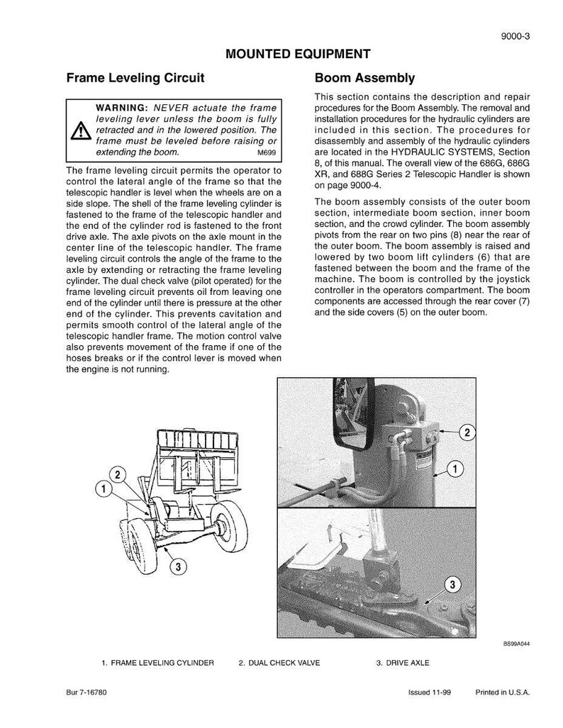 May include: A technical manual page with diagrams and text detailing the frame leveling circuit and boom assembly of a telescopic handler. Includes warnings, component descriptions, and diagrams of the machine's parts.