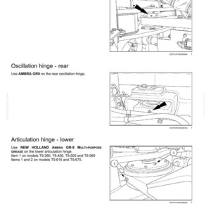 May include: A technical maintenance manual page titled 7-MAINTENANCE, featuring three black and white line drawings of machinery hinges. The diagrams illustrate the upper articulation hinge, rear oscillation hinge, and lower articulation hinge.
