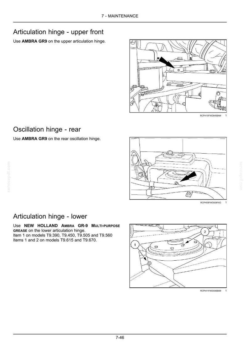 May include: A technical maintenance manual page titled 7-MAINTENANCE, featuring three black and white line drawings of machinery hinges. The diagrams illustrate the upper articulation hinge, rear oscillation hinge, and lower articulation hinge.