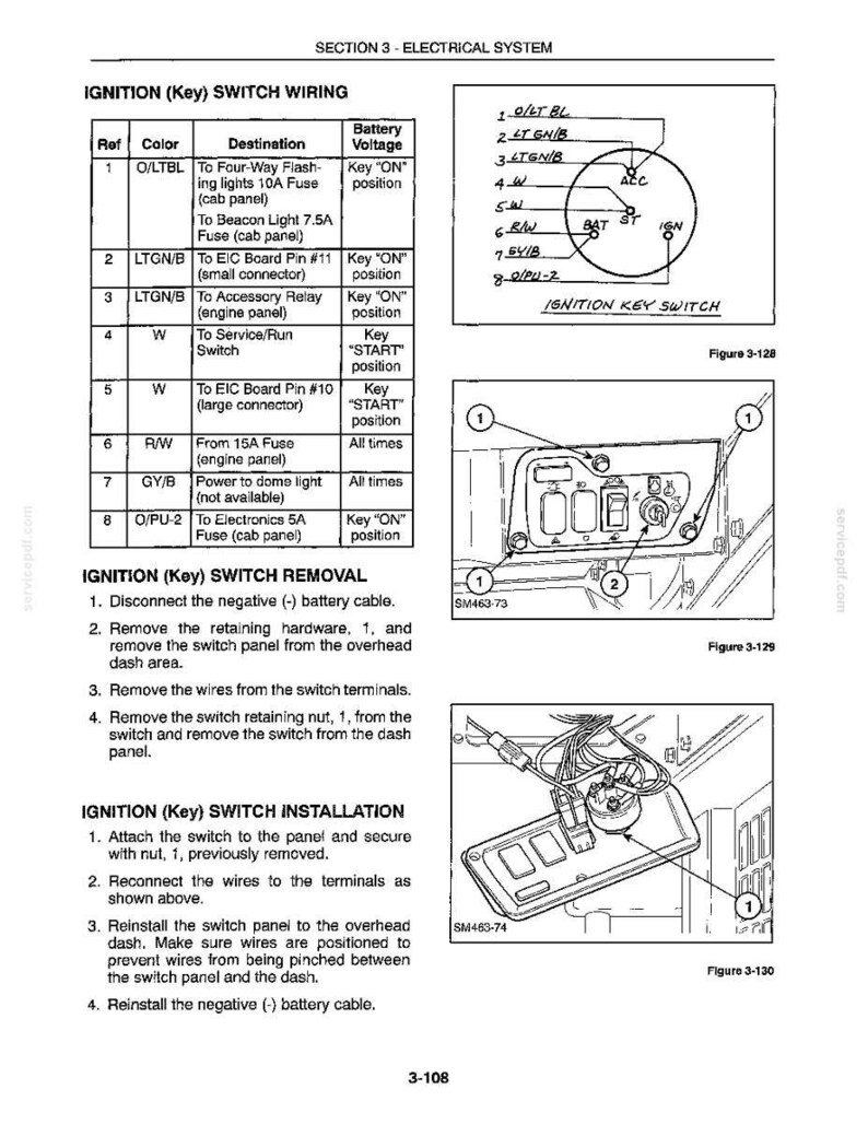 Peut inclure: Une page de manuel technique intitul&eacute;e Section 3 Electrical System d&eacute;taillant le c&acirc;blage, le retrait et l'installation du commutateur d'allumage. Elle comprend un tableau de c&acirc;blage, un sch&eacute;ma du commutateur et deux illustrations d'un panneau.