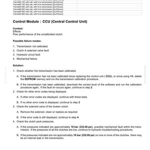 May include: A technical document with the title "Electrical systems - FAULT CODES" and the text "2029-Not calibrated, clutch A not calibrated." The document provides troubleshooting steps for a vehicle's transmission and clutch pack pressures, including a pressure of approximately 232.00 psi.