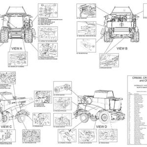 May include: A technical diagram showing hydraulic and hydrostatic component locations for CR6090, CR7090, CR8080, CR8090, and CR9090 combines. The black and white line drawing includes four views labeled A, B, C, and D, with detailed callouts and a parts list table.