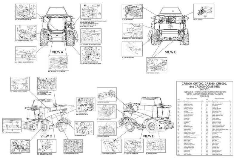 May include: A technical diagram showing hydraulic and hydrostatic component locations for CR6090, CR7090, CR8080, CR8090, and CR9090 combines. The black and white line drawing includes four views labeled A, B, C, and D, with detailed callouts and a parts list table.