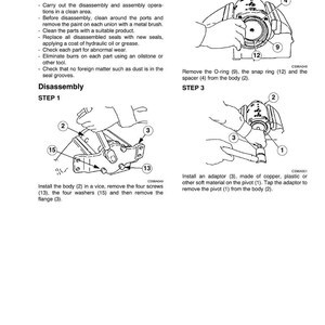 K&ouml;nnte beinhalten: Eine Seite aus einem technischen Handbuch, die Demontage- und Montageverfahren detailliert. Der Text enth&auml;lt allgemeine Vorsichtsma&szlig;nahmen und Schritt-f&uuml;r-Schritt-Anleitungen mit Diagrammen. Die Diagramme zeigen mechanische Komponenten mit nummerierten Bezeichnungen.
