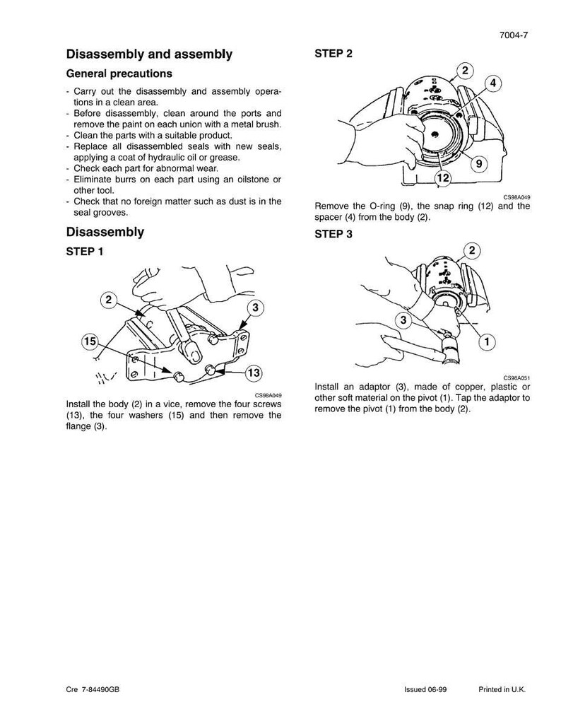 K&ouml;nnte beinhalten: Eine Seite aus einem technischen Handbuch, die Demontage- und Montageverfahren detailliert. Der Text enth&auml;lt allgemeine Vorsichtsma&szlig;nahmen und Schritt-f&uuml;r-Schritt-Anleitungen mit Diagrammen. Die Diagramme zeigen mechanische Komponenten mit nummerierten Bezeichnungen.