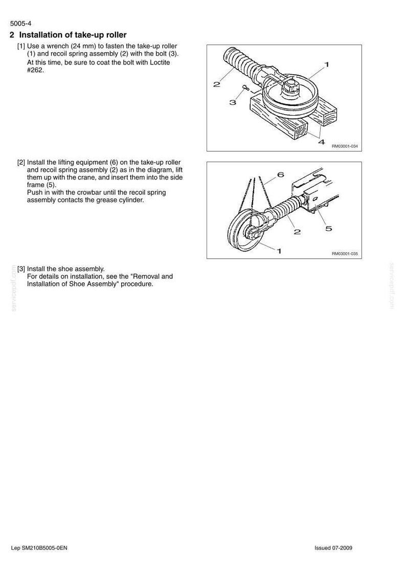 May include: Diagram illustrating the installation of a take-up roller. The image shows detailed line drawings of mechanical components, including a wrench, bolts, and spring assemblies. Text provides instructions for assembly steps.