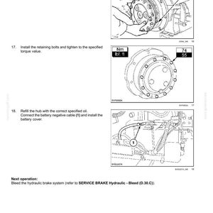 May include: Diagrams illustrating steps for servicing hydraulic brakes, including installing tools, planetary carriers, and retaining bolts. The image includes torque specifications in foot-pounds and Newton-meters, along with instructions for refilling the hub and connecting the battery cable.