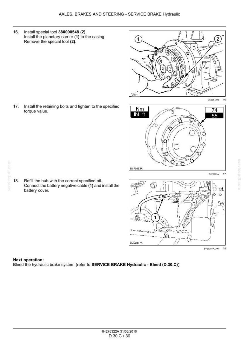 May include: Diagrams illustrating steps for servicing hydraulic brakes, including installing tools, planetary carriers, and retaining bolts. The image includes torque specifications in foot-pounds and Newton-meters, along with instructions for refilling the hub and connecting the battery cable.