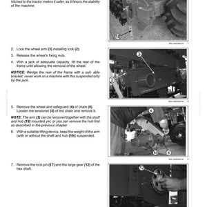 May include: Diagram of tractor wheel support removal steps. Includes images of wheel arm, lock, nuts, chain, and gear. Text instructions detail the process, including lowering and locking support stands, removing the wheel, and removing the lock pin.