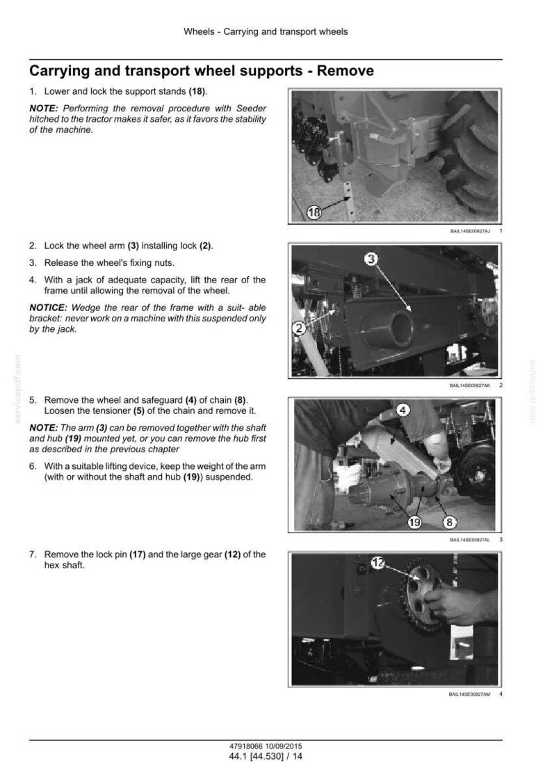May include: Diagram of tractor wheel support removal steps. Includes images of wheel arm, lock, nuts, chain, and gear. Text instructions detail the process, including lowering and locking support stands, removing the wheel, and removing the lock pin.