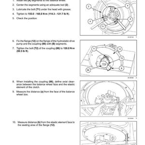May include: Diagram of a flywheel damper adjustment procedure, illustrating steps for pump-drive coupling. Includes labeled components, torque specifications in foot-pounds, and instructions for installation and measurement.