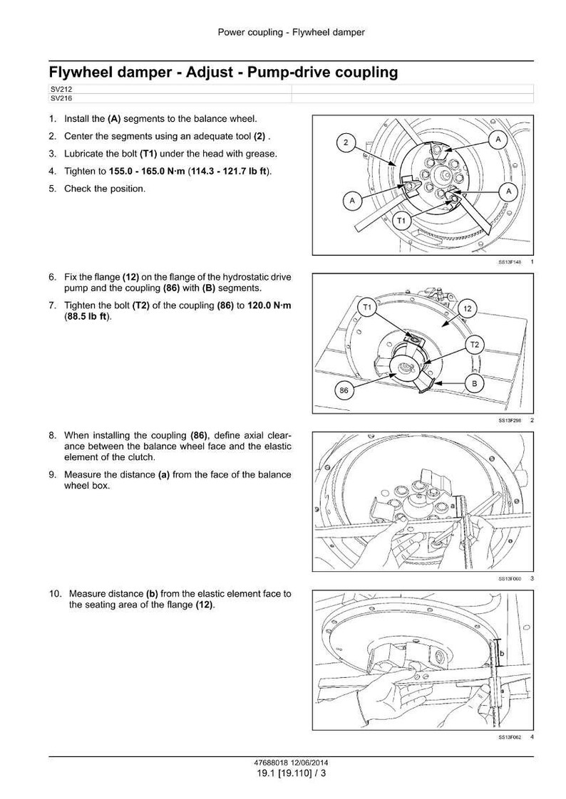 May include: Diagram of a flywheel damper adjustment procedure, illustrating steps for pump-drive coupling. Includes labeled components, torque specifications in foot-pounds, and instructions for installation and measurement.