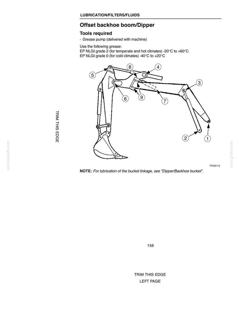 May include: Diagram of an offset backhoe boom/dipper, labeled with numbers and text. The diagram includes a bucket, arm, and various joints, with notes on lubrication and grease types for different climates.
