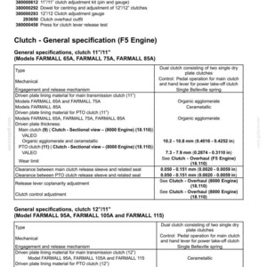 May include: A detailed technical diagram of clutch specifications for various engine models. The document includes specifications for clutch tools, general specifications, and measurements in inches and millimeters. It is a reference guide for mechanical components.