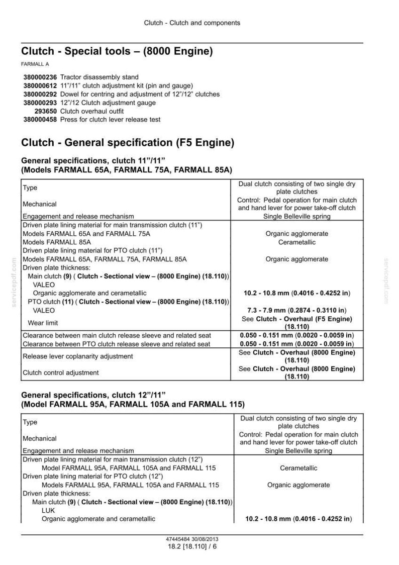 May include: A detailed technical diagram of clutch specifications for various engine models. The document includes specifications for clutch tools, general specifications, and measurements in inches and millimeters. It is a reference guide for mechanical components.