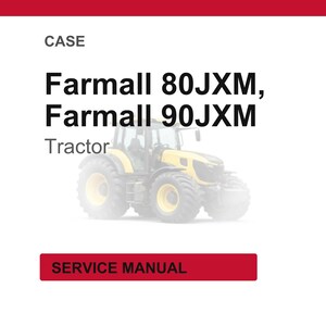 May include: A service manual cover featuring a yellow and black Farmall tractor. The text reads "Farmall 80JXM, Farmall 90JXM Tractor" above the image. A red banner at the bottom says "SERVICE MANUAL".