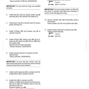 May include: A technical document page titled E215B-E245B FRONT ATTACHMENT detailing the Boom cylinders assembly process. It lists eleven numbered installation steps for components like bushings, seals, O-rings, and pistons, including torque specifications.