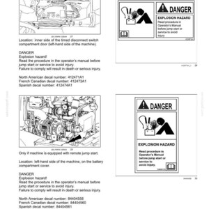 May include: Safety information page with diagrams and warnings. Includes a "Danger - Explosion Hazard" sign with instructions to read the operator's manual before service. Also shows decal numbers for North American, French Canadian, and Spanish regions.
