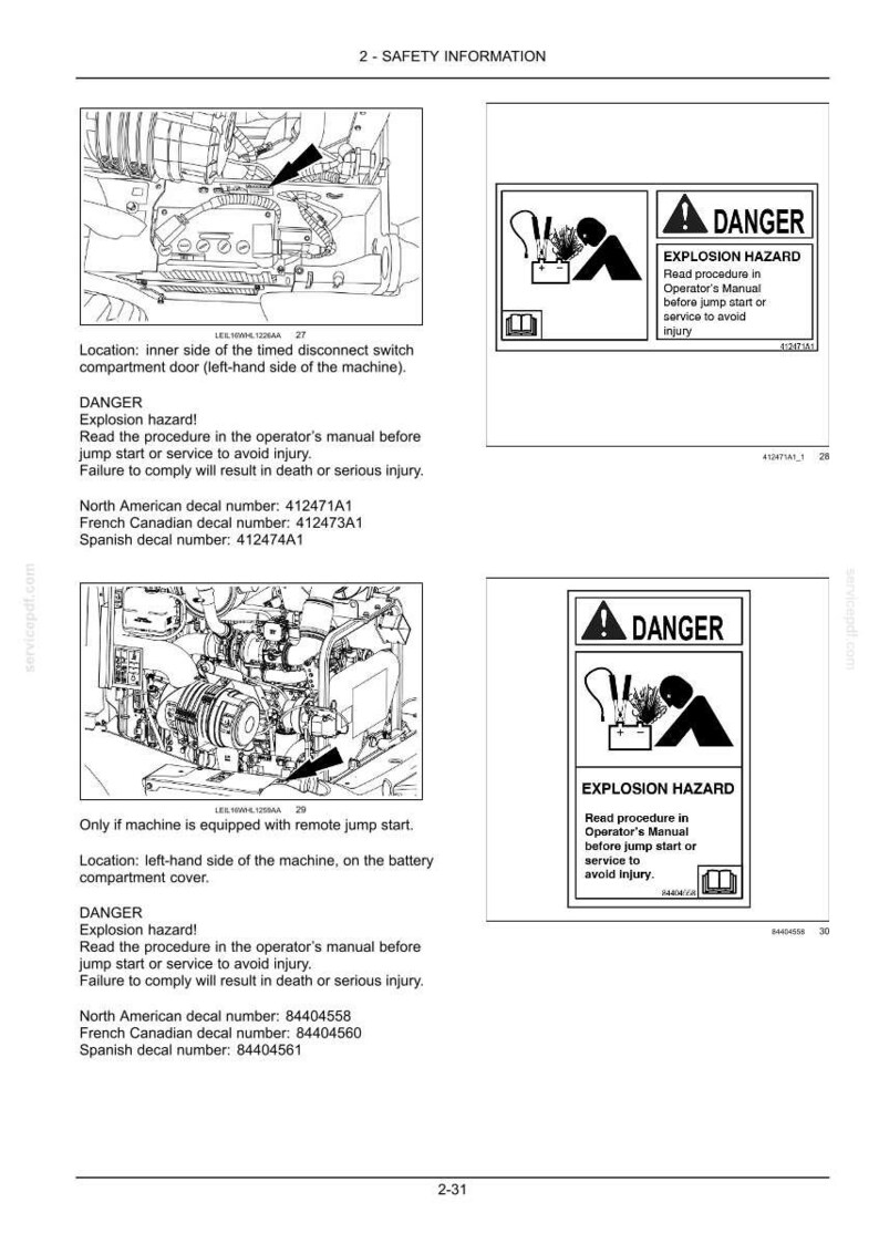 May include: Safety information page with diagrams and warnings. Includes a "Danger - Explosion Hazard" sign with instructions to read the operator's manual before service. Also shows decal numbers for North American, French Canadian, and Spanish regions.