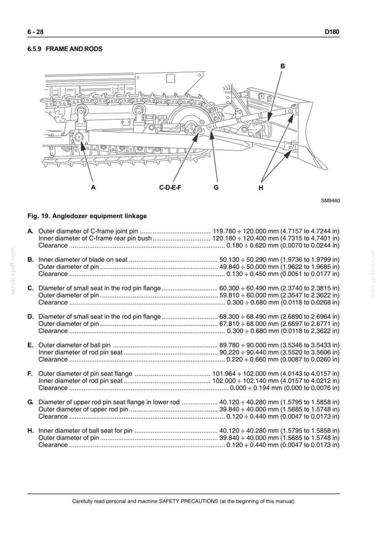 May include: Diagram of an angledozer equipment linkage, with labeled components and measurements in inches and millimeters. Includes details on pin diameters, seat diameters, and clearances, with a safety precaution note at the bottom.