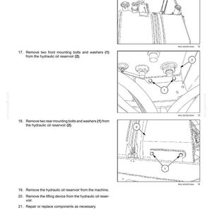 May include: Diagram of hydraulic system components, including a reservoir, bolts, and washers. The image shows steps for removing and attaching parts, with numbered labels for clarity. Text instructions accompany the illustrations.