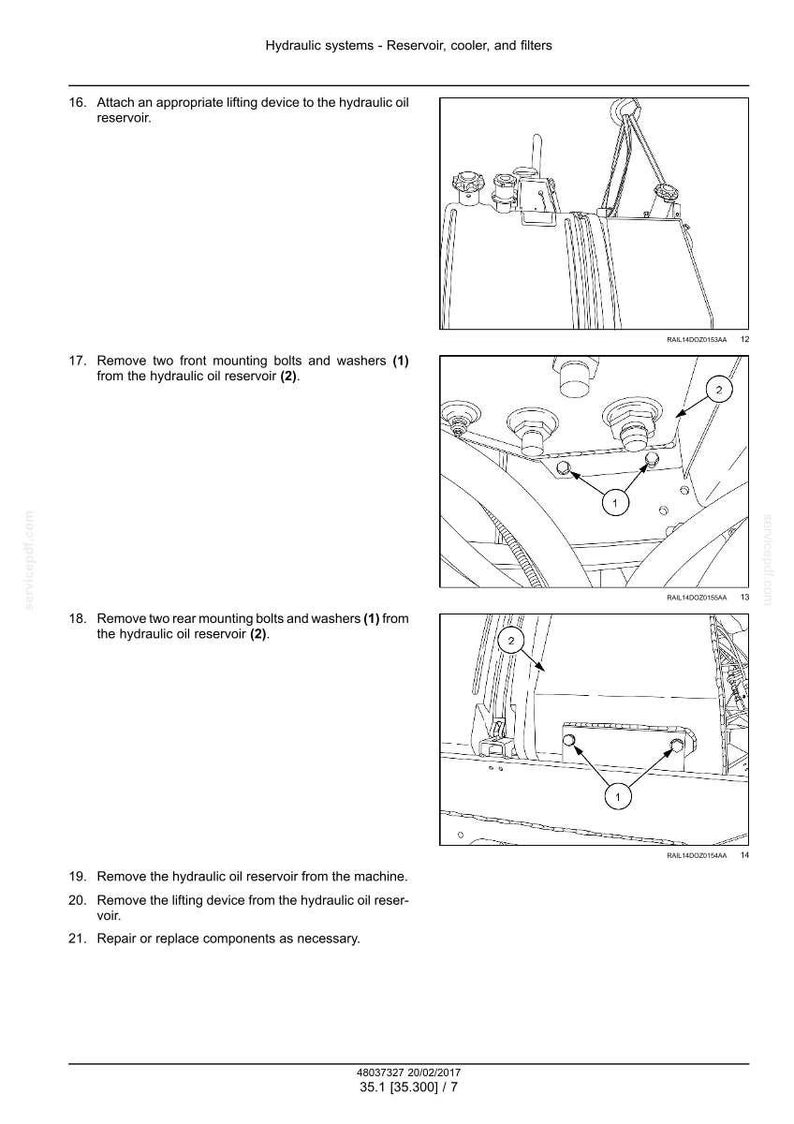 May include: Diagram of hydraulic system components, including a reservoir, bolts, and washers. The image shows steps for removing and attaching parts, with numbered labels for clarity. Text instructions accompany the illustrations.