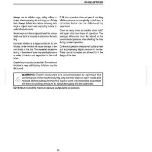May include: White page with text about tire safety, including inflation, deflation, and potential hazards. The text is organized into paragraphs with headings like "WHEELS/TIRES" and "WARNING".